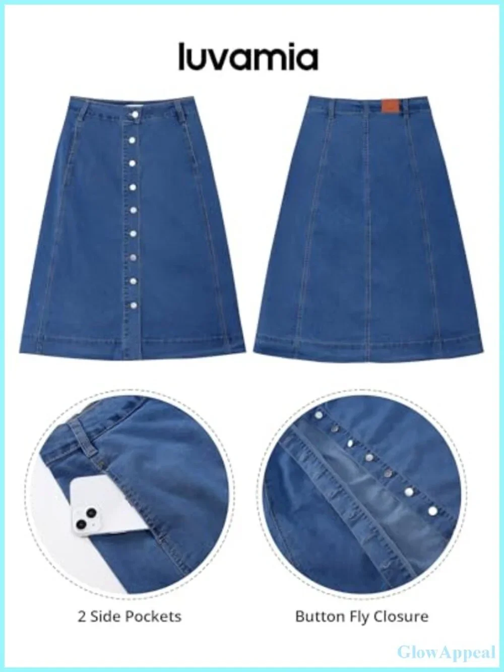 Denim A-Line Midi Skirt High Waist Stretchy with Pockets Button Front
